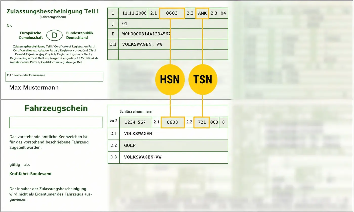 Fahrzeugschein mit markierten Feldern 2.1 und 2.2